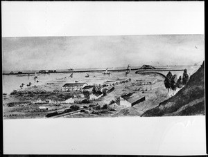 Painting of San Pedro depicting Timm's Point, Terminal Island and Dead Man's Island, ca.1875