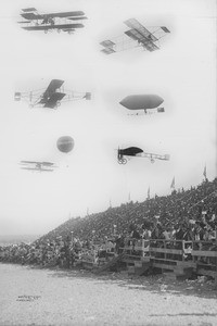 Composite photograph of early-model airplanes, a dirigible, and a hot-air balloon passing by bleachers filled with spectators at the 1910 Dominguez Field Air Meet, January 1910