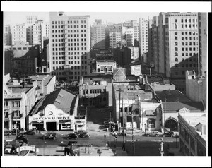 Birdseye view of Figueroa Street at Wilshire Boulevard before the extension of Wilshire, ca.1931