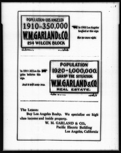 Real estate promotion handbill from the W. M. Garland Company predicting Los Angeles population growth for 1920, 1911