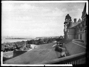 Early morning shot looking north along the beach front, from the second-floor balcony of the Hotel Redondo, ca.1905