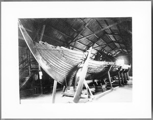 Viking ship removed from clay where it was found at Gokstad, Norway, in 1880, photograph ca.1900