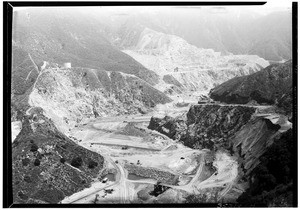 Birdseye view of the construction of the San Gabriel dam, 1936