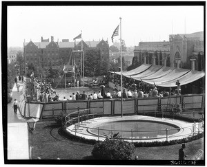 Crowd around a swimming pool watching a diving event