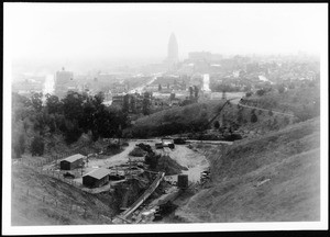 Panoramic view of North Figueroa Street, looking south from Spruce Street, showing the initial stages of street improvements, November 1935