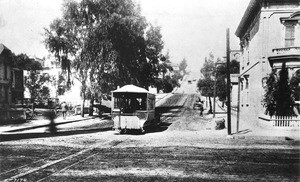 Cable-car making its way down Second Street at Broadway, looking west, Los Angeles, ca.1889