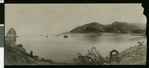 Panoramic view of Avalon Harbor, showing the cutter U.S.G. Alert in the background, ca.1910