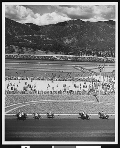 A panoramic view of Santa Anita Racetrack, 1947