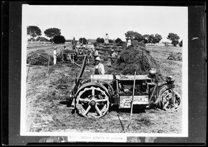 View of workers baling alfalfa in Arizona