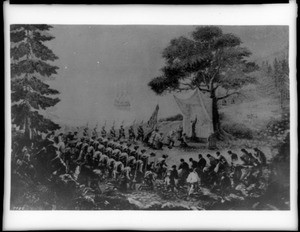 Oil painting depicting soldiers and Indian worshippers at the Mission San Carlos' first mass, ca.1900