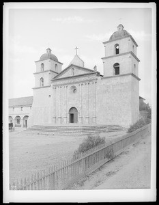 Mission Santa Barbara, showing front of church and towers, California, 1898