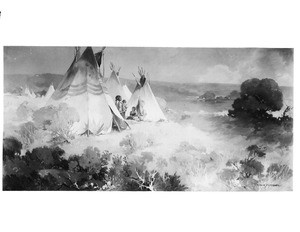 Painting by Einar Corsten Petersen, depicting American Indians in a range of teepees