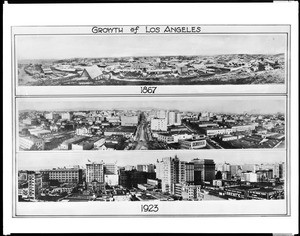 Composite of three panoramic views of Los Angeles during three different decades, ca.1923