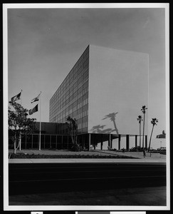 Exterior view of the Police Department Building (Parker Center?) in Los Angeles, 1958