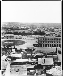 View of Los Angeles Plaza, Lugo House, Pico House, ca. 1873