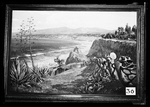 Painting of automobile traveling along Santa Monica Canyon, showing large view of beach on left