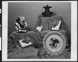 Close-up of a display of decorative ceramic products, ca.1950