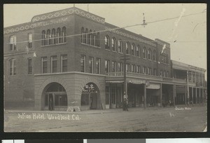 Exterior view of the Julian Hotel and Post Office, in Woodland, 1900-1940