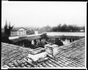 View of the inner courtyard at Guajome Ranch in San Diego from the roof, 1870-1880