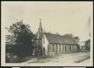 Exterior view of a Catholic church in Nevada City, 1907