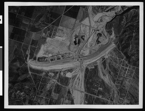 Aerial view of what appears to be the Hansen Dam in the final stage of construction from 16,000 feet, November 1939