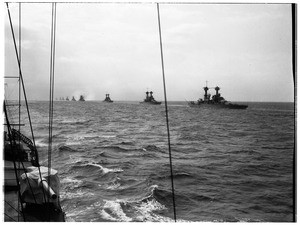 Line of battleships in the open ocean