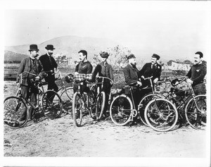 Seven riders of the Los Angeles Bicycle Club on one of their club outings, ca.1893