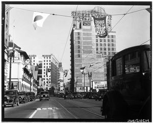 Foreign Trade Week flag decorations on Broadway, Los Angeles, February 1932