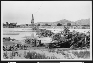 Oil wells, broken trees on a beach, ca.1930