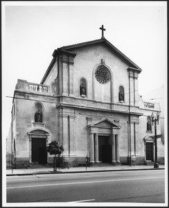 Exterior view of Saint Vibiana's Catholic Cathedral, from Main Street, ca.1950-1959