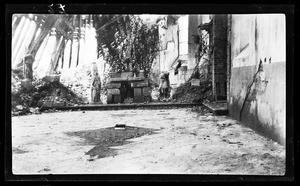 View of debris outside a damaged building during World War I, ca.1916