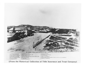 Exterior view of the Plaza Church and Plaza, Los Angeles, before 1869