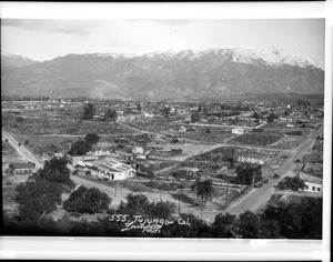 Birdseye view of Sunset Boulevard in Tujunga, looking north toward the San Gabriel Mountains, ca.1920