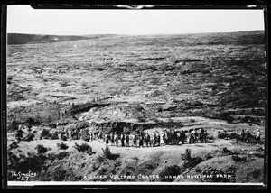 Kilauea volcano crater, showing group of people in foreground, Hawaii National Park