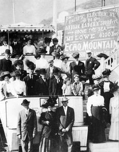 Passengers on a railroad car at the top of the Echo Mountain Incline Railway, October13, 1909