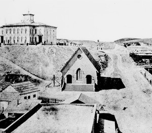 View of Temple Street looking west from Temple Block, Los Angeles, ca.1874