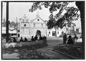 Exterior view of the façade of the Plaza Church from across the street, Los Angeles