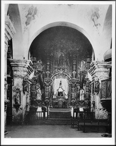 Interior view of Mission San Xavier del Bac, Tucson, Arizona, ca.1900