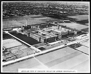 Birdseye view of the fifteen-million dollar Goodyear Tire and Rubber Company factory surrounded by cleared lots