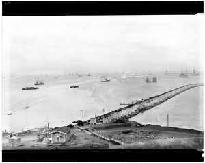 View of the San Pedro Harbor, showing the breakwater, ca.1925