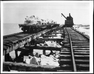 Construction of the breakwater in San Pedro, ca.1900