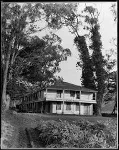 Exterior view of the Sanchez Rancho adobe in the San Pedro Valley, ca.1937