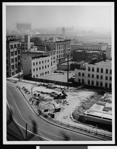 Panoramic view of Los Angeles looking east over Spring Street, showing construction in foreground, 1949