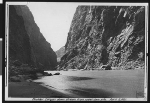 Boulder Canyon, down stream from the upper dam site during Boulder Dam construction, April 24, 1921