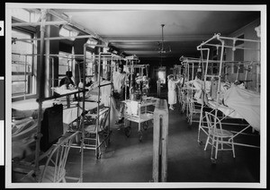 Interior view of the Male Fracture Ward 300 at Los Angeles County General Hospital, ca.1925