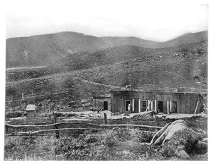 External view of shack at Arrowhead Hot Springs, San Bernardino, ca.1876