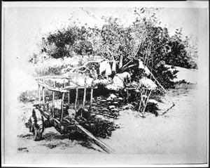 Drawing depicting Mexican Americans washing laundry in a stream, ca.1850