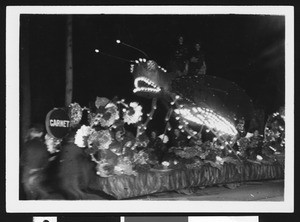 Float in Shriner's electrical parade, in the shape of a scowling beetle, ca.1910