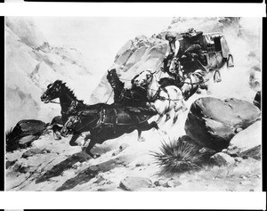 Drawing by H.W. Hanson, "A Stage Attacked in a Mountain Canyon", depicting a stage hustling down a rocky canyon