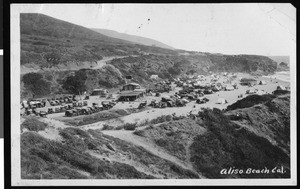 A panoramic view of an automobile camp on Aliso Beach, ca.1930